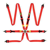 OMP Safety Harness | First 2 | 6 Point | Red | FIA 8853-2016 | Pull Up | Steel Adj